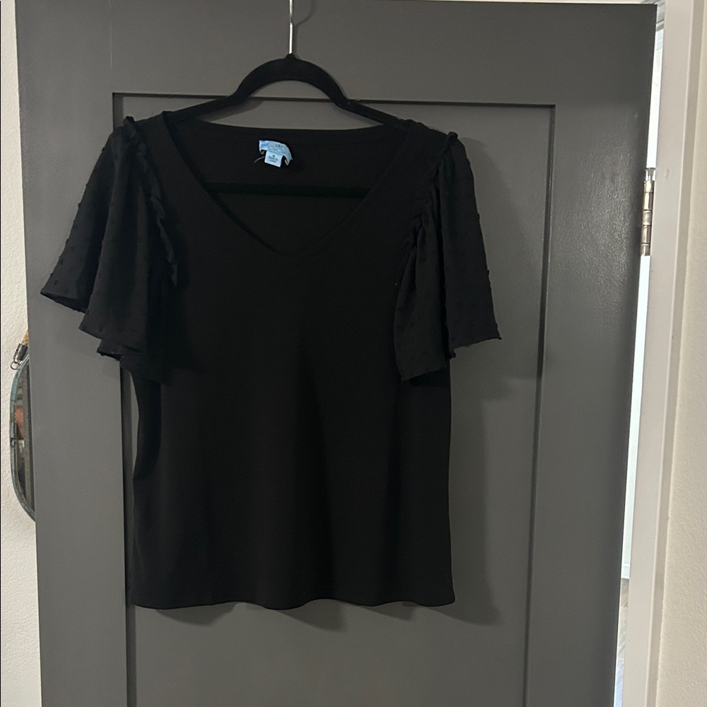 Womens Black V-Neck Flutter Sleeve Top